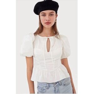 For Love & Lemons Jocelyn Puff Sleeve White Cotton Peplum Crop top Keyhole Chic